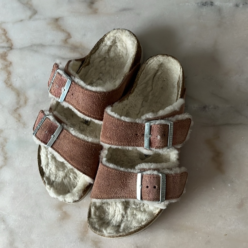 Birkenstock Arizona Shearling Suede Leather Pink Clay Double Strap Sandals 7US - Picture 16 of 17